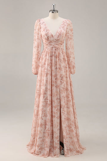 Pink Floral Chiffon V-Neck Long Sleeves Bridesmaid Dress with Slit